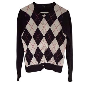 Lands' End Dark Blue and White Argyle Cardigan Small Petite